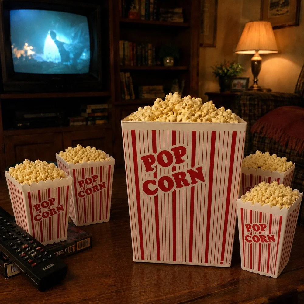 90s Red and White Striped Plastic Reusable Popcorn Bucket And 4 Snack Boxes